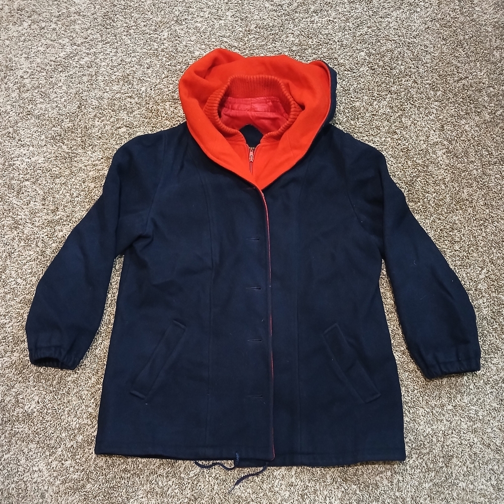 VTG Authentic Mackintosh Vestcoat Blue Wool Button Up Hooded Coat Jacket